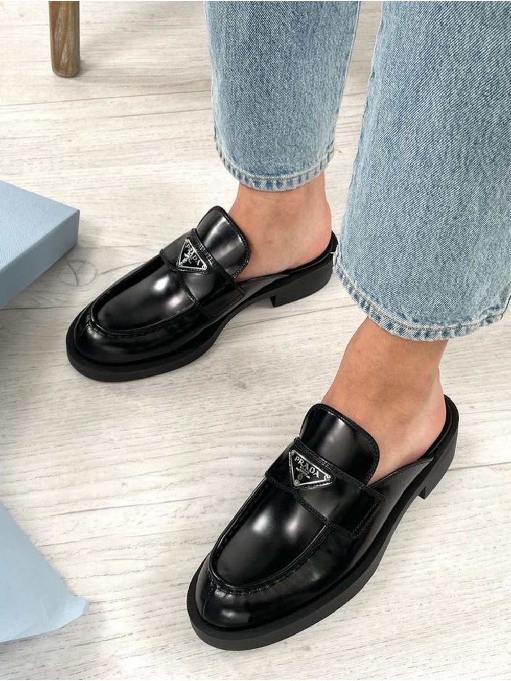 Prada Black Patent Leather Loafer Mules